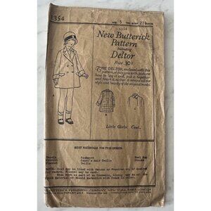 Antique Sewing Pattern 1920s Butterick Little Girls Coat Age 5 23.5” Bust #1354